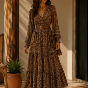 VESTIDO MANGA LONGA FLORAL CAPPUCCINO