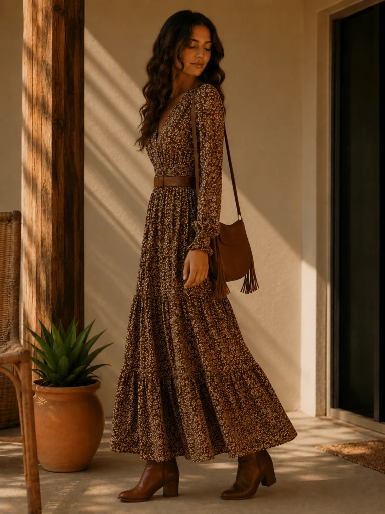 VESTIDO MANGA LONGA FLORAL CAPPUCCINO