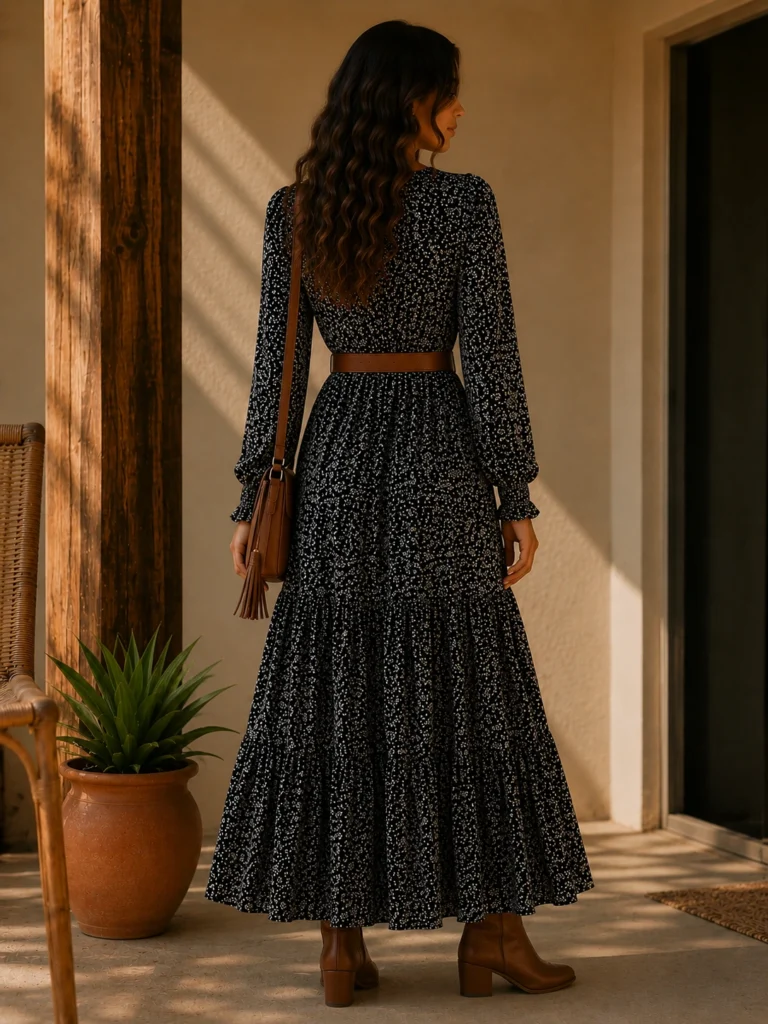 VESTIDO MANGA LONGA FLORAL VIENA PRETO
