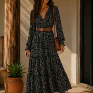VESTIDO MANGA LONGA FLORAL VIENA PRETO
