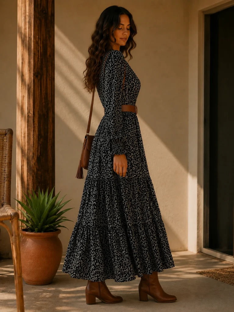 VESTIDO MANGA LONGA FLORAL VIENA PRETO