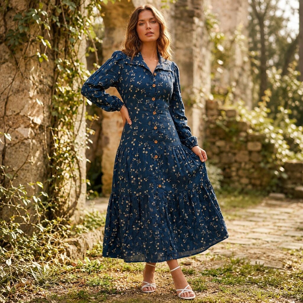 VESTIDO FEMININO SIENA LONGO MANGA LONGA FLORAL BOTÕES FRONTAIS